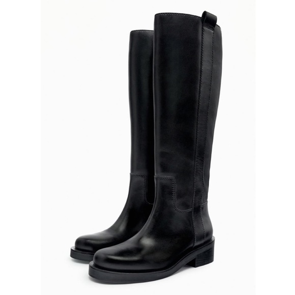 Zara Shoes Zara Black Leather Knee High Riding Boots With Flat Sole